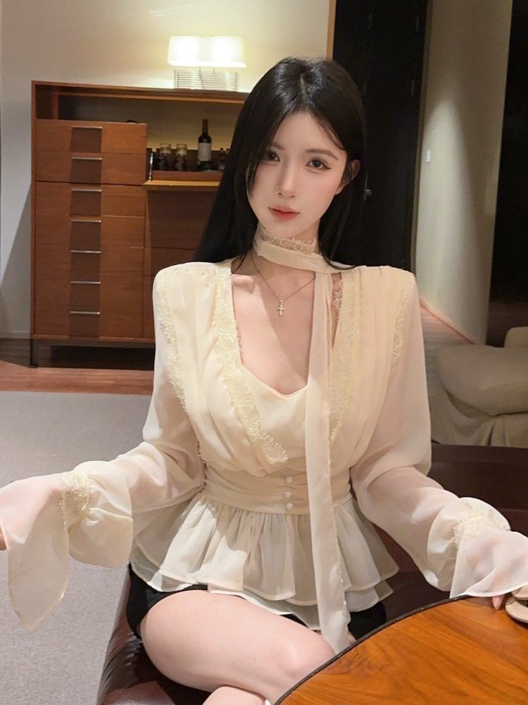 V-Neck Long Sleeve Peplum Lace Blouse