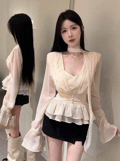 V-Neck Long Sleeve Peplum Lace Blouse