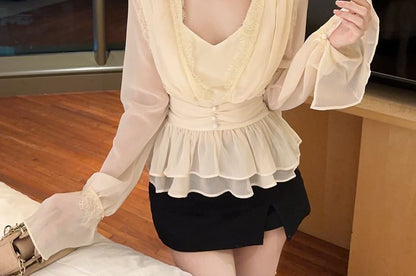 V-Neck Long Sleeve Peplum Lace Blouse