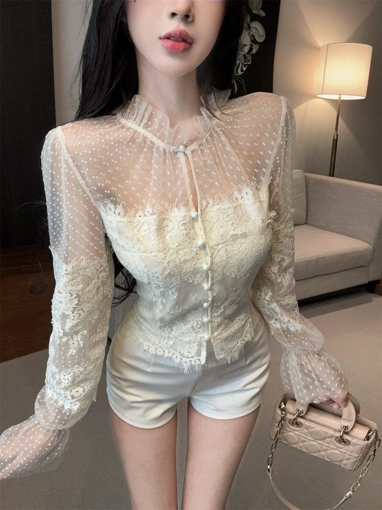 Stand Collar Lace Blouse & High Waist Shorts