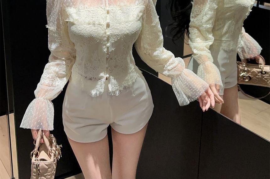 Stand Collar Lace Blouse & High Waist Shorts