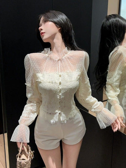 Stand Collar Lace Blouse & High Waist Shorts