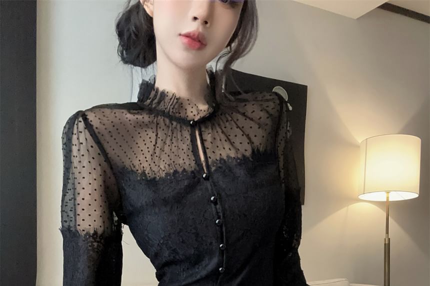 Stand Collar Lace Blouse & High Waist Shorts