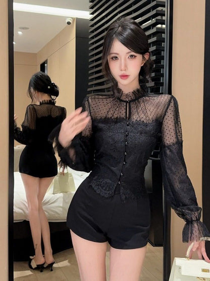 Stand Collar Lace Blouse & High Waist Shorts