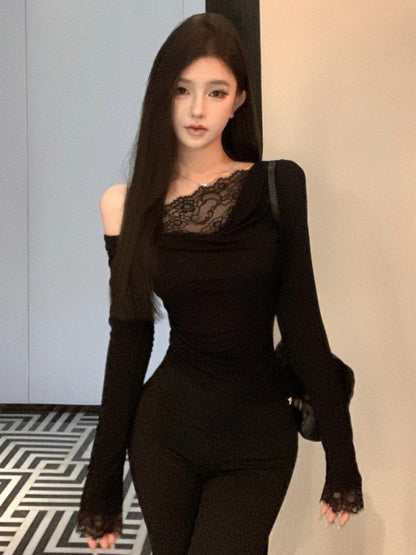 One Shoulder Long Sleeve Lace Top