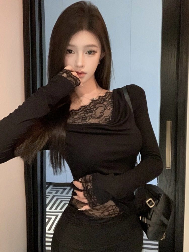 One Shoulder Long Sleeve Lace Top