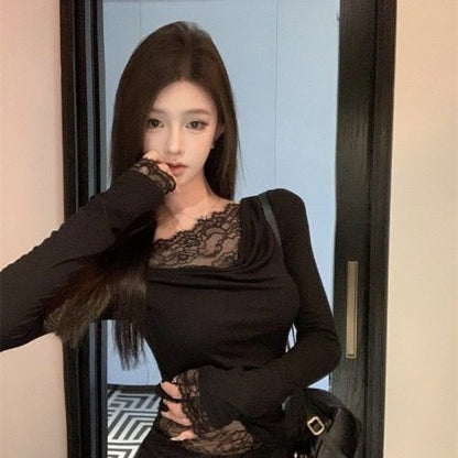 One Shoulder Long Sleeve Lace Top