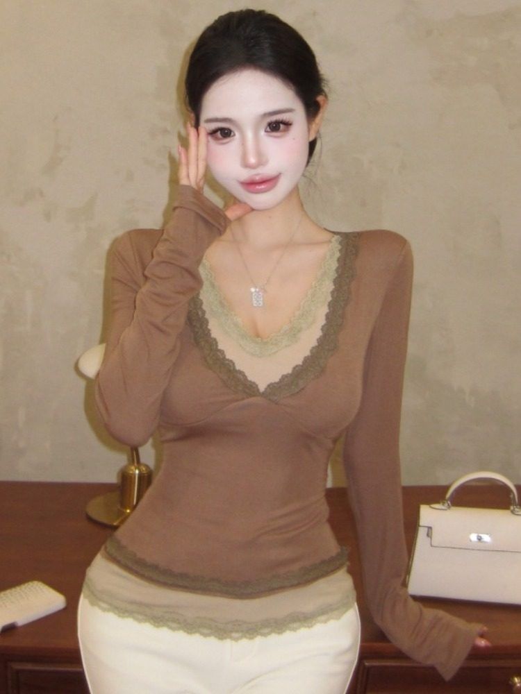 V-Neck Mock Two Piece Lace Top