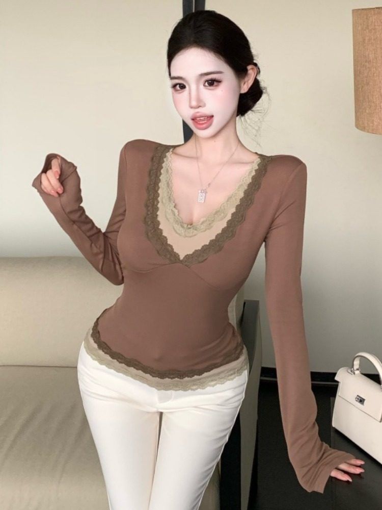 V-Neck Mock Two Piece Lace Top