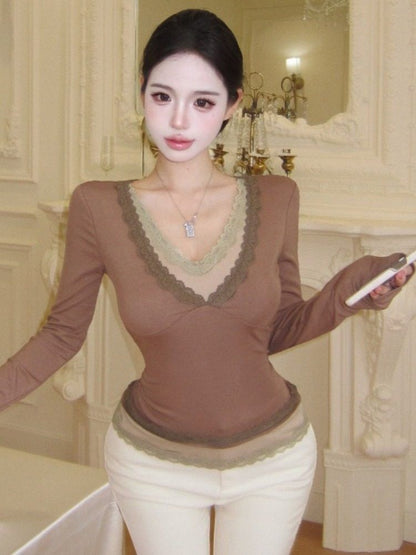 V-Neck Mock Two Piece Lace Top