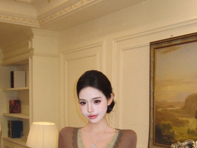 V-Neck Mock Two Piece Lace Top