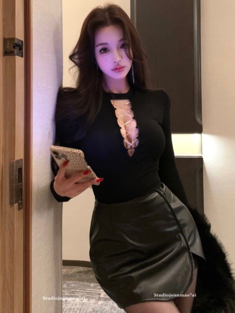 Crew Neck Lace Top & Faux Leather Mini Skirt