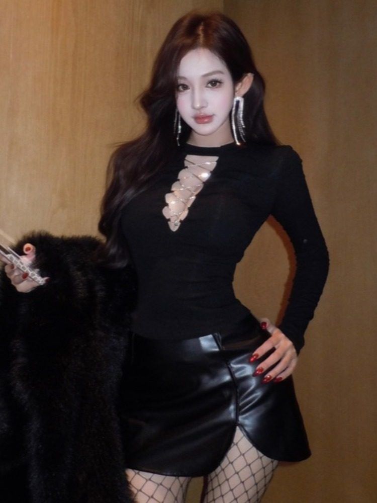 Crew Neck Lace Top & Faux Leather Mini Skirt