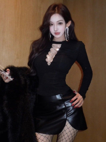 Crew Neck Lace Top & Faux Leather Mini Skirt