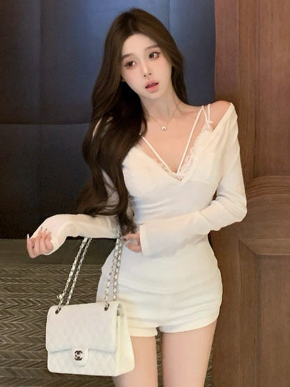 V-Neck T-Shirt & Lace Camisole Set