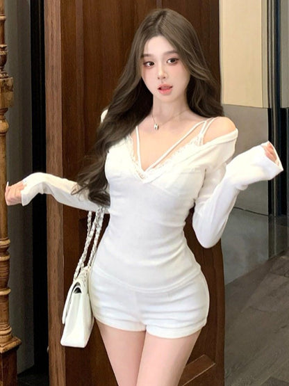 V-Neck T-Shirt & Lace Camisole Set