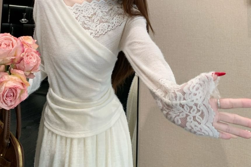 Off-Shoulder Lace Top & Midi Skirt Set