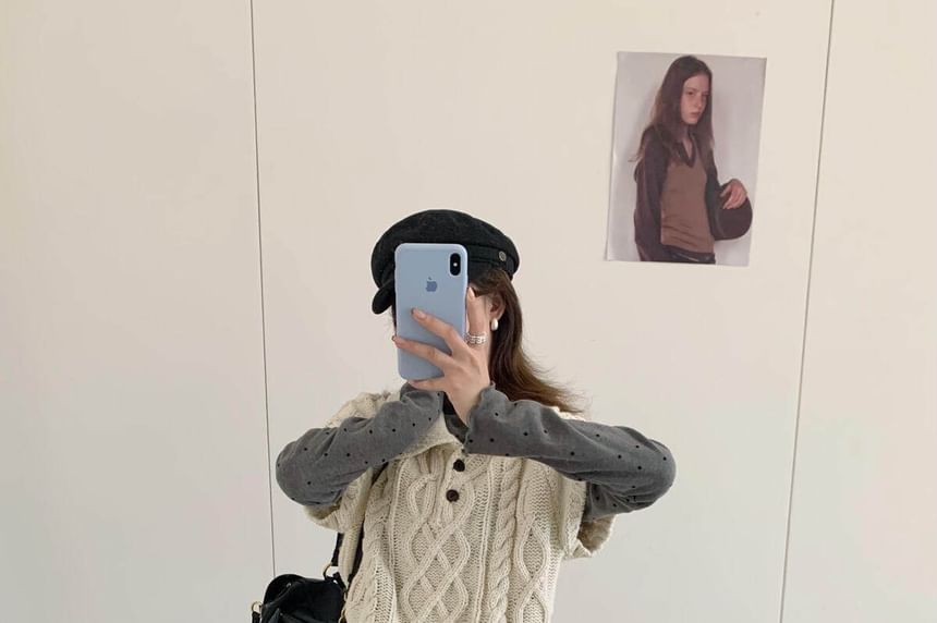 Cable-Knit Collar Short-Sleeve Sweater