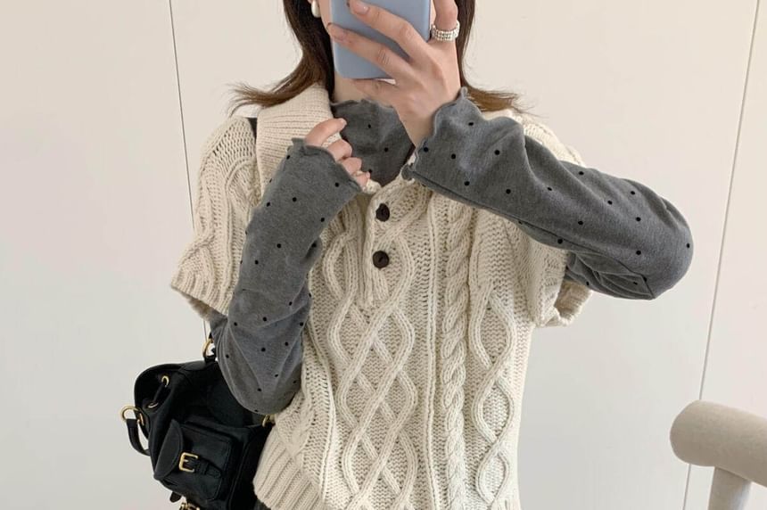 Cable-Knit Collar Short-Sleeve Sweater