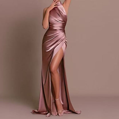 Sleeveless Turtleneck Plain A-Line Evening Gown