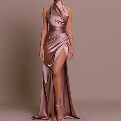 Sleeveless Turtleneck Plain A-Line Evening Gown