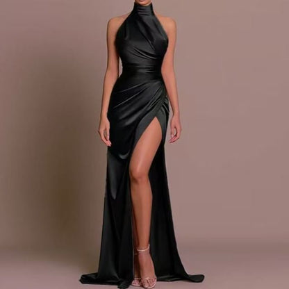 Sleeveless Turtleneck Plain A-Line Evening Gown