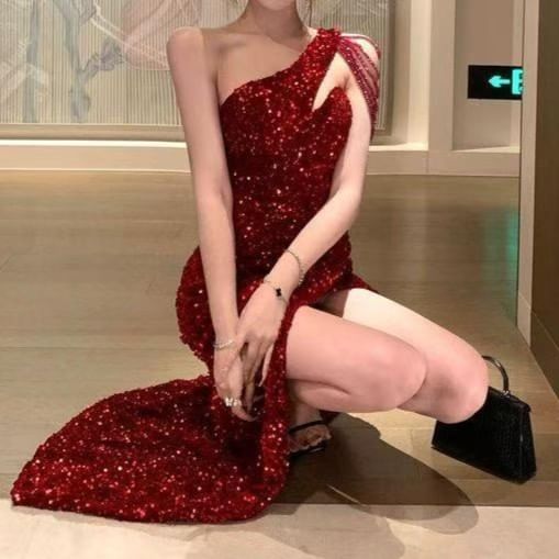 Sleeveless Asymmetrical Cutout Sequined Mermaid Evening Gown