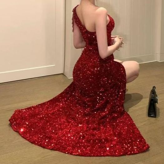 Sleeveless Asymmetrical Cutout Sequined Mermaid Evening Gown