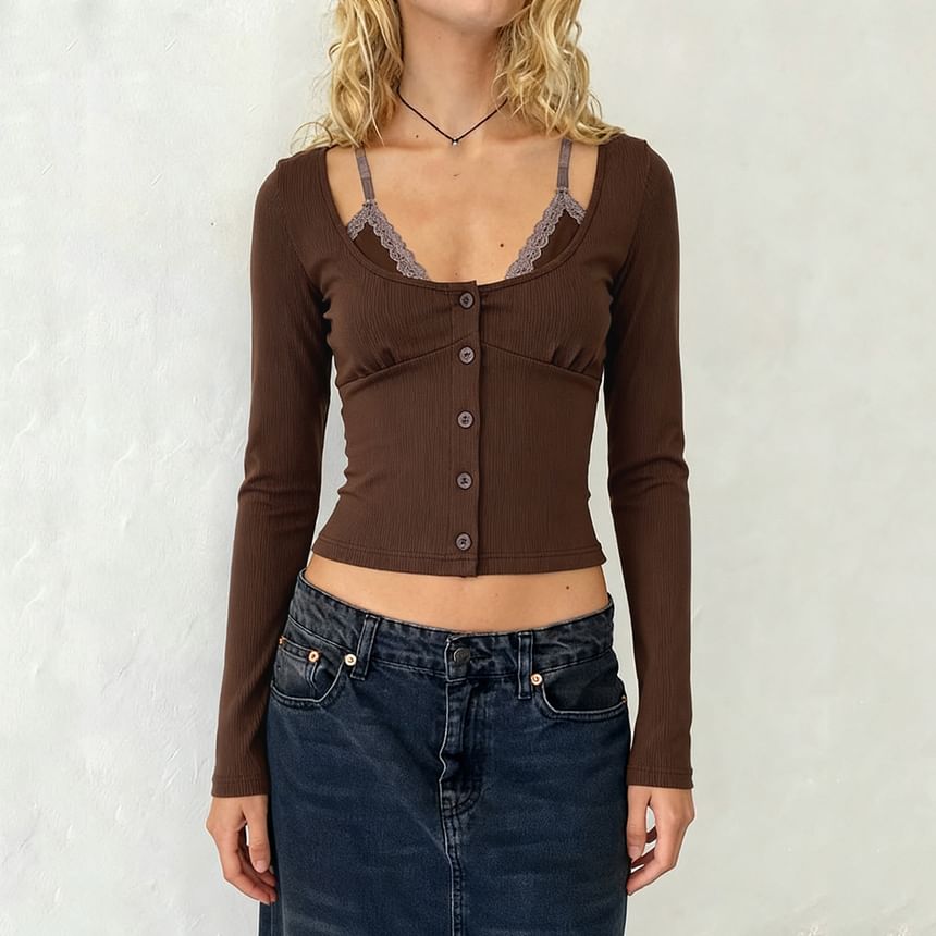 Scoop Neck Lace Trim Mock Two-Piece Tee