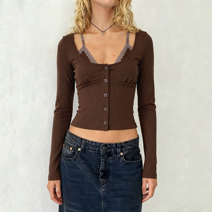 Scoop Neck Lace Trim Mock Two-Piece Tee