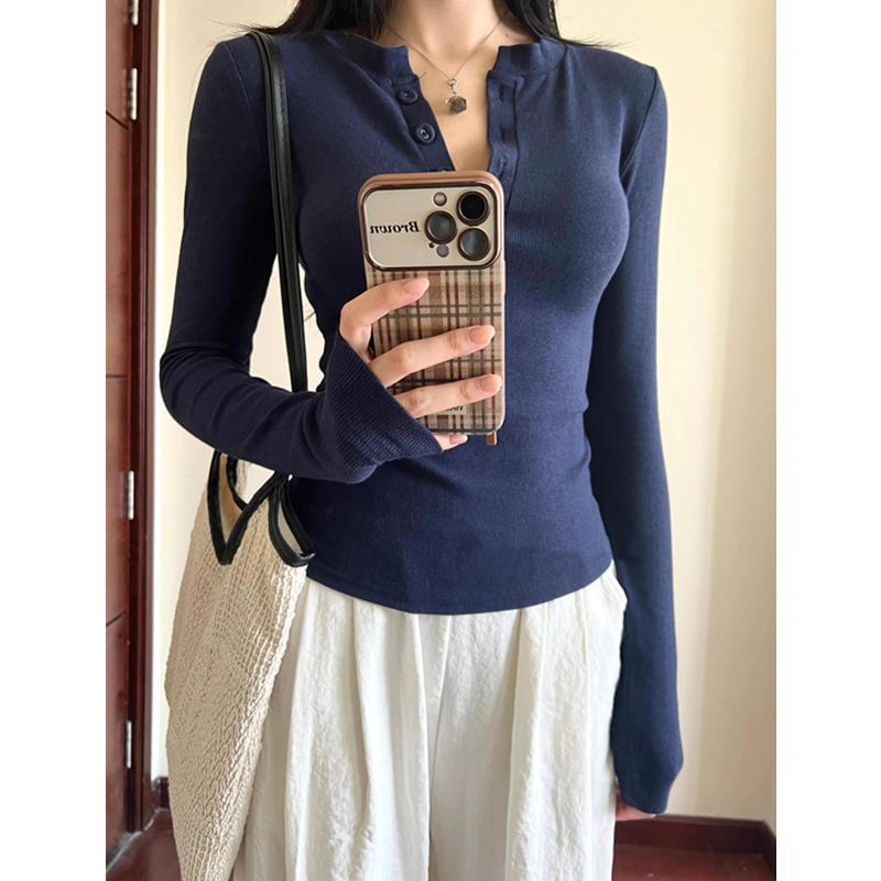 Henley Long-Sleeve Plain Tee