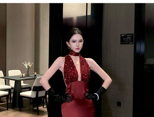 Halter Neck Deep Plunge Sequin Panel Open Back Mermaid Evening Gown