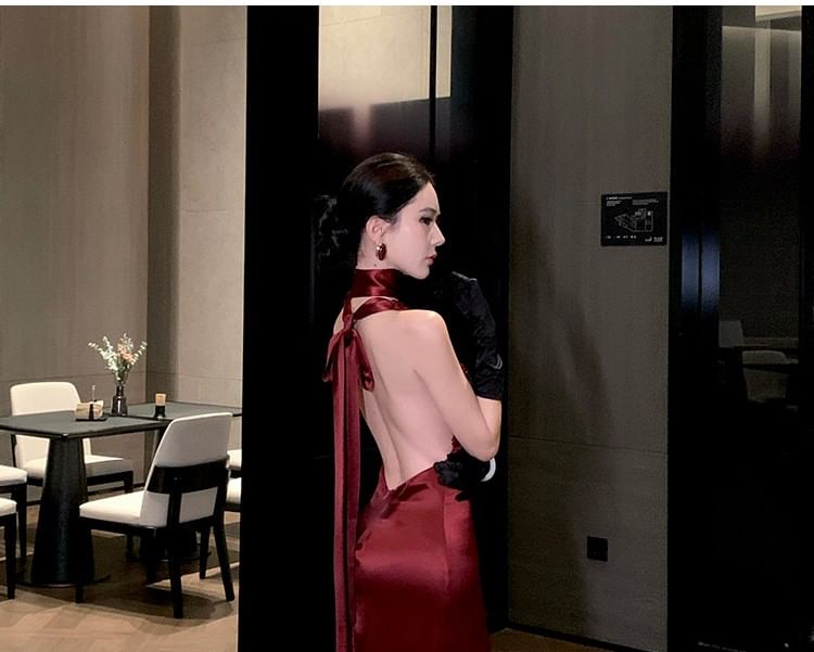 Halter Neck Deep Plunge Sequin Panel Open Back Mermaid Evening Gown