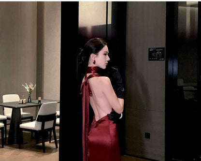 Halter Neck Deep Plunge Sequin Panel Open Back Mermaid Evening Gown