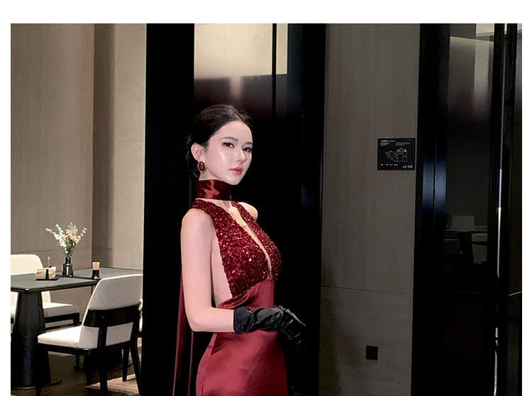 Halter Neck Deep Plunge Sequin Panel Open Back Mermaid Evening Gown