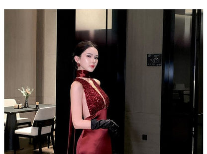 Halter Neck Deep Plunge Sequin Panel Open Back Mermaid Evening Gown