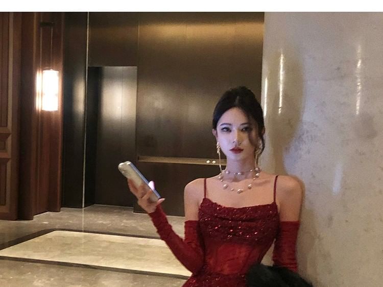 Set: Spaghetti Strap Cowl Neck Sequin Lace Panel Slit Mermaid Evening Dress + Arm Sleeves