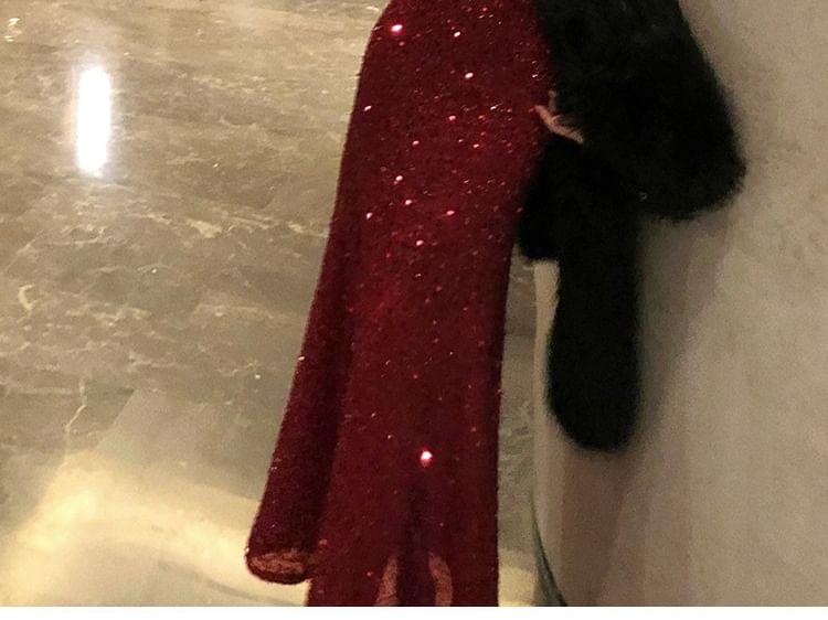 Set: Spaghetti Strap Cowl Neck Sequin Lace Panel Slit Mermaid Evening Dress + Arm Sleeves