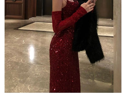 Set: Spaghetti Strap Cowl Neck Sequin Lace Panel Slit Mermaid Evening Dress + Arm Sleeves