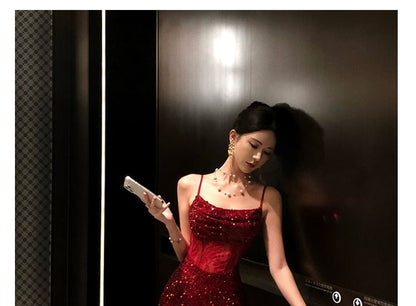 Set: Spaghetti Strap Cowl Neck Sequin Lace Panel Slit Mermaid Evening Dress + Arm Sleeves