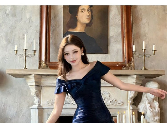 Off-Shoulder Plain Ruffle Trim Mermaid Evening Dress