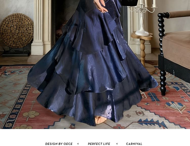 Off-Shoulder Plain Ruffle Trim Mermaid Evening Dress