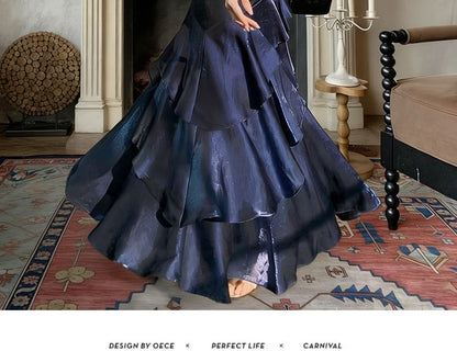 Off-Shoulder Plain Ruffle Trim Mermaid Evening Dress