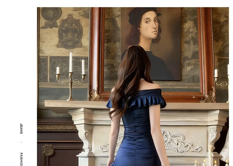 Off-Shoulder Plain Ruffle Trim Mermaid Evening Dress