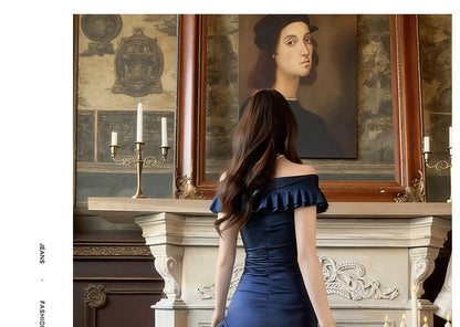 Off-Shoulder Plain Ruffle Trim Mermaid Evening Dress