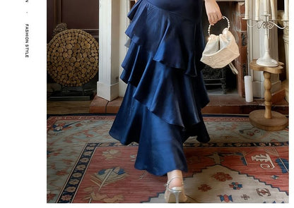 Off-Shoulder Plain Ruffle Trim Mermaid Evening Dress