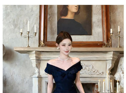 Off-Shoulder Plain Ruffle Trim Mermaid Evening Dress