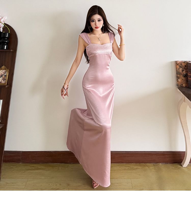 Sleeveless Square Neck Plain A-Line Evening Gown