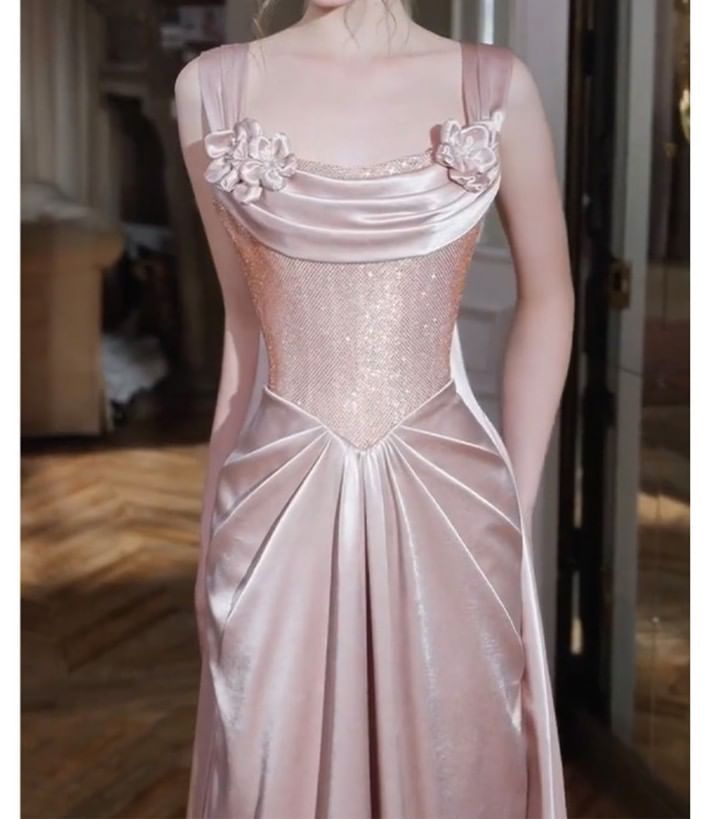 Wide Strap Floral Fishbone Floral Satin A-Line Evening Gown