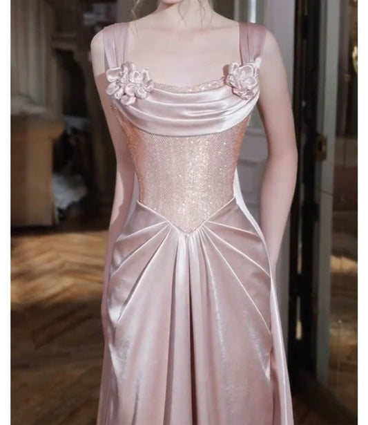 Wide Strap Floral Fishbone Floral Satin A-Line Evening Gown